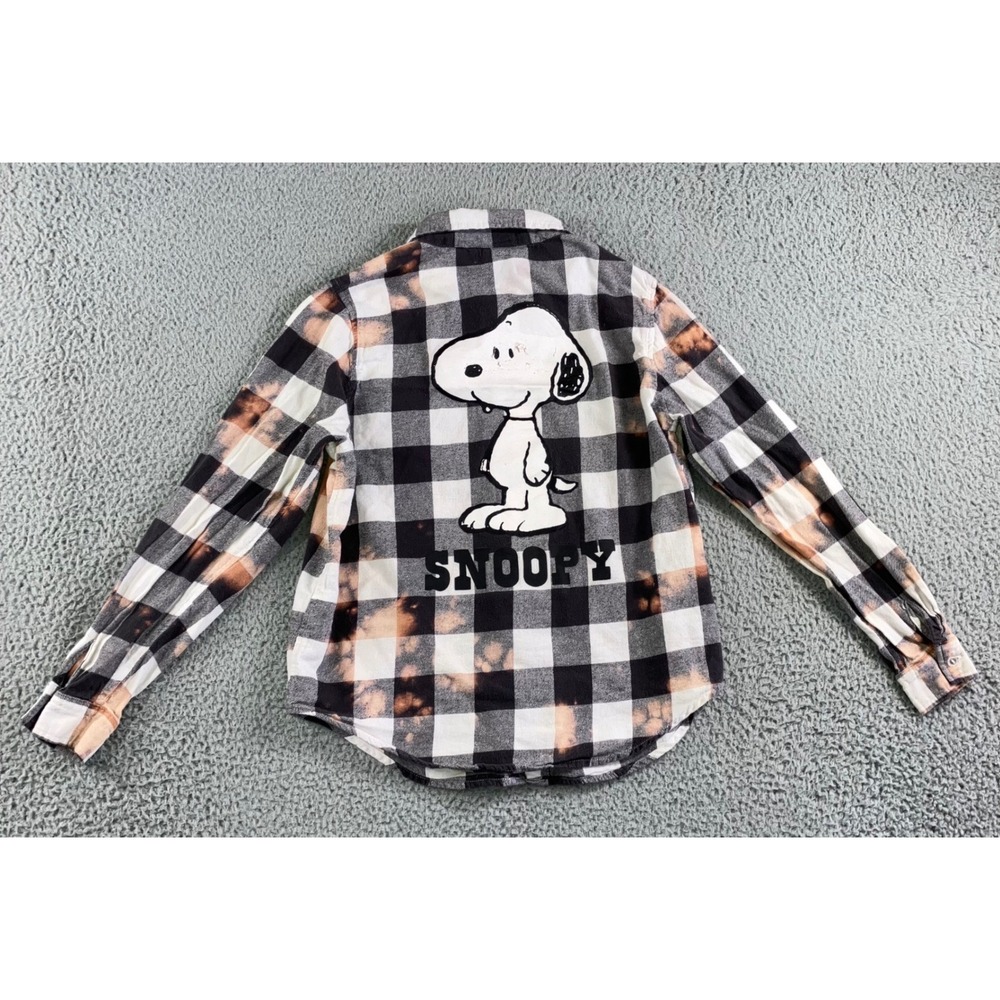 Peanuts Snoopy Flannel Shirt Women XS Oversized Bleached Plaid Graphic Button Up